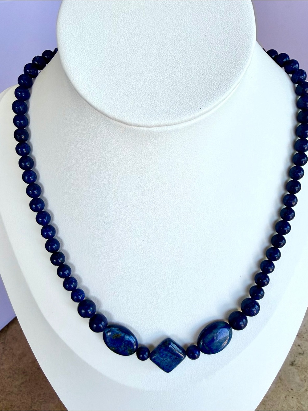 Deep Blue Lapis Lazuli Beaded Necklace - 18 inch